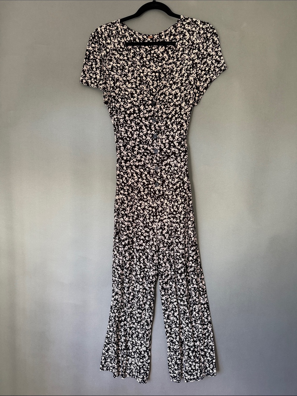 Free People Romper Floral Short-Sleeve Jumpsuit in Black w/cream floral detail